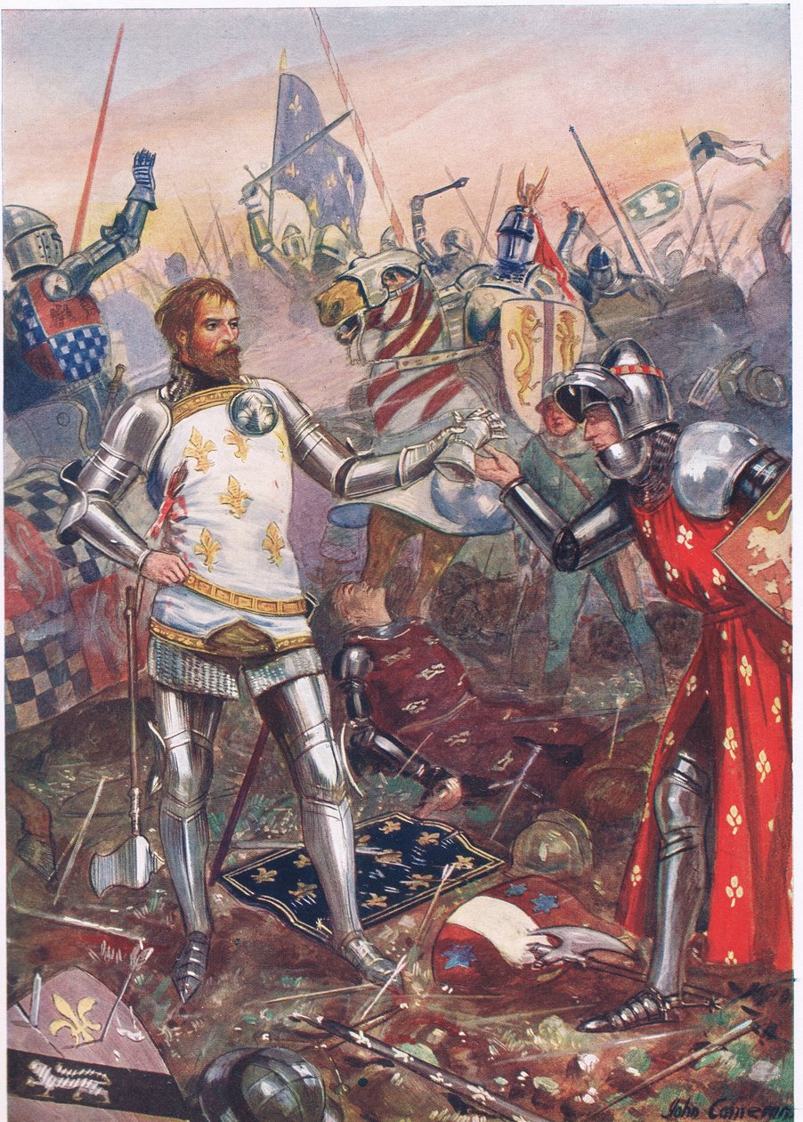 A rendição de João II da França na Batalha de Poitiers, ilustração de "Batalhas Britânicas na Terra e no Mar", publicada por Cassell, Londres, c.1910 de John Cameron