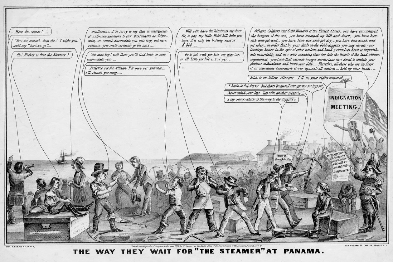 A maneira como eles esperam por The Steamer no Panamá, publicado por N Currier, Nova York, 1849 de John Cameron