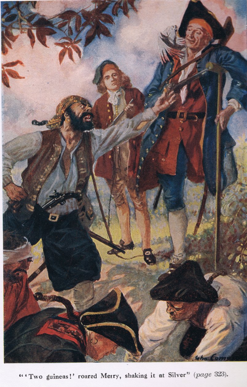 Dois guinéus gritaram Merry, sacudindo em Silver, ilustração de &39;Treasure Island&39; de Robert Louis Stevenson de John Cameron