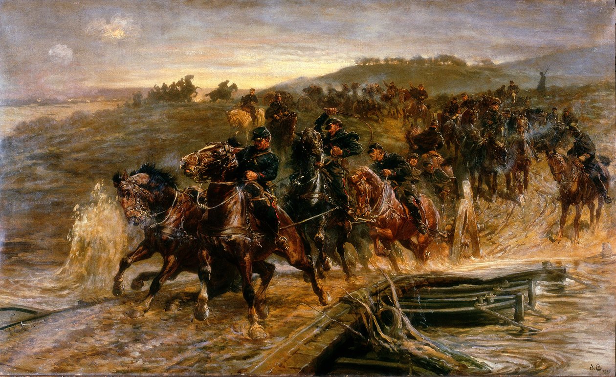 Artilharia francesa cruzando o Aisne inundado e salvando as armas, 1915 de John Charlton
