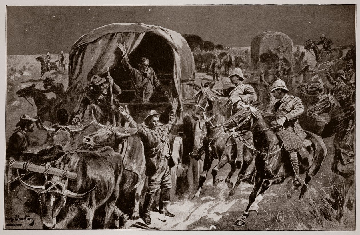 Ataque noturno em um comboio Boer por infantaria montada sob o Coronel Williams, após um desenho de um oficial britânico de John Charlton