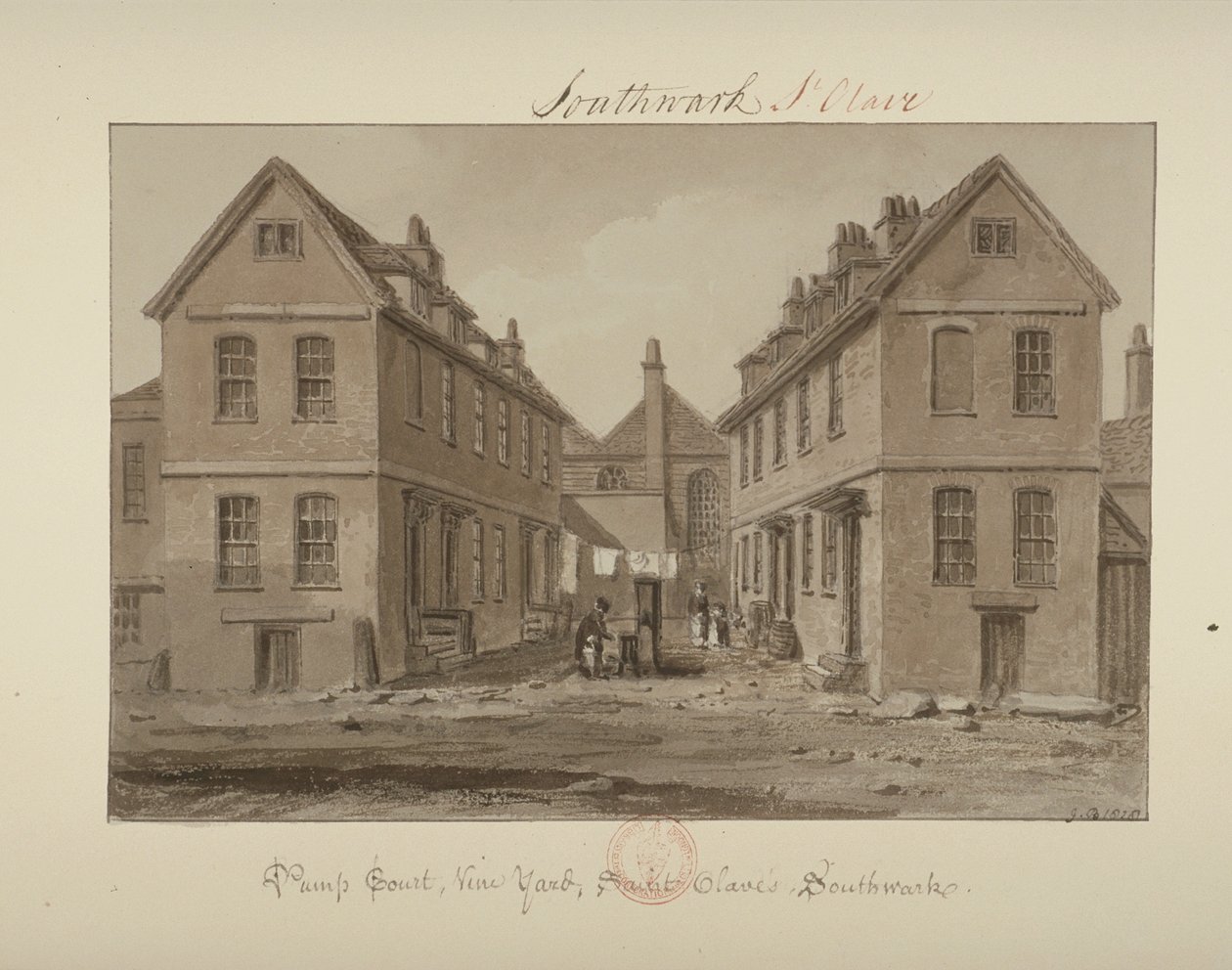 Vista de uma figura coletando água em Pump Court, Vine Yard, Bermondsey, 1828 (lavar no papel) de John Chessell Buckler