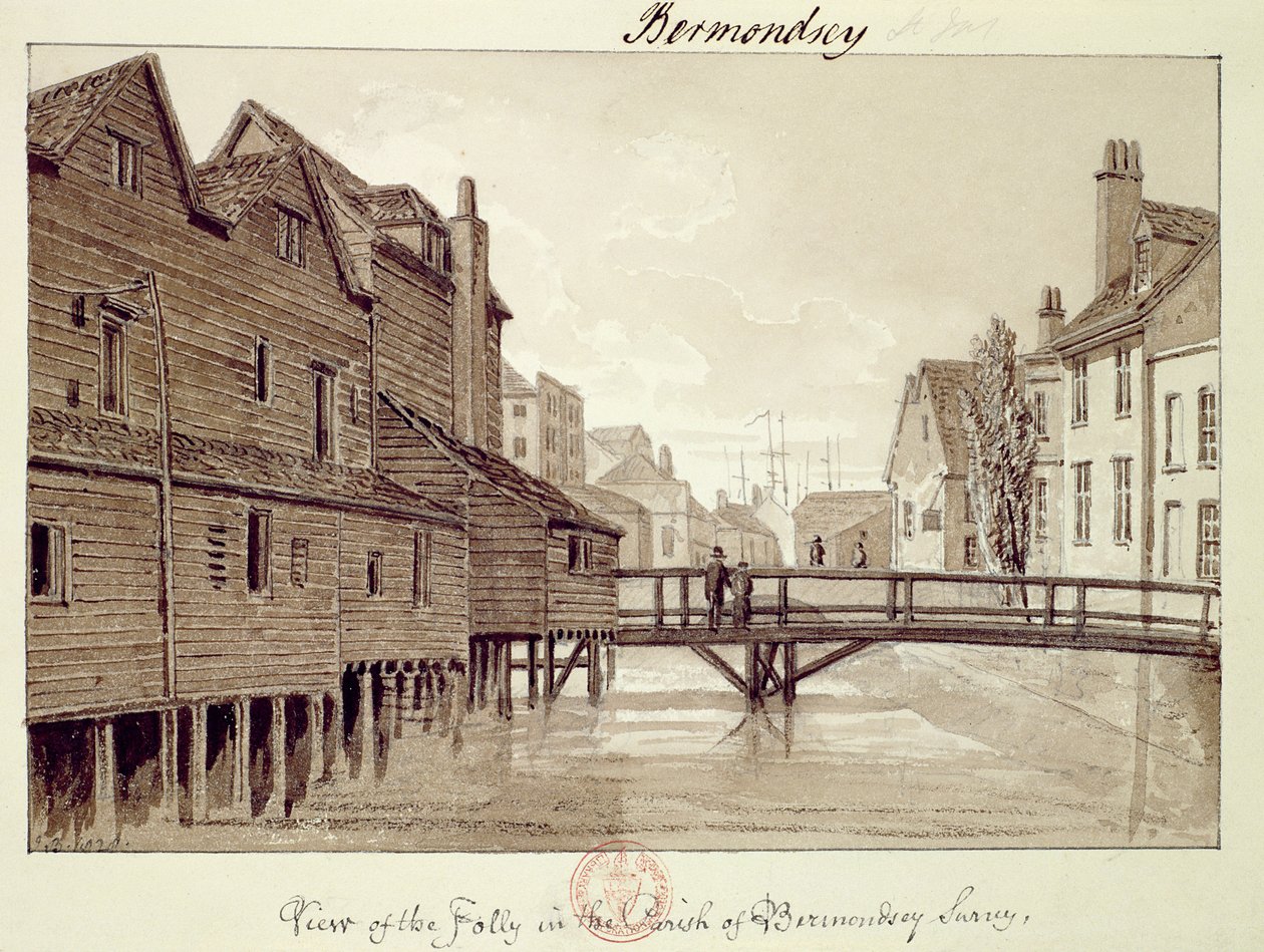 Vista, de, a, loucura, dockhead, bermondsey, 1828, de, &39;Pennant&39;s, London&39;, (pen, e, sépia, lavagem, drawing) de John Chessell Buckler