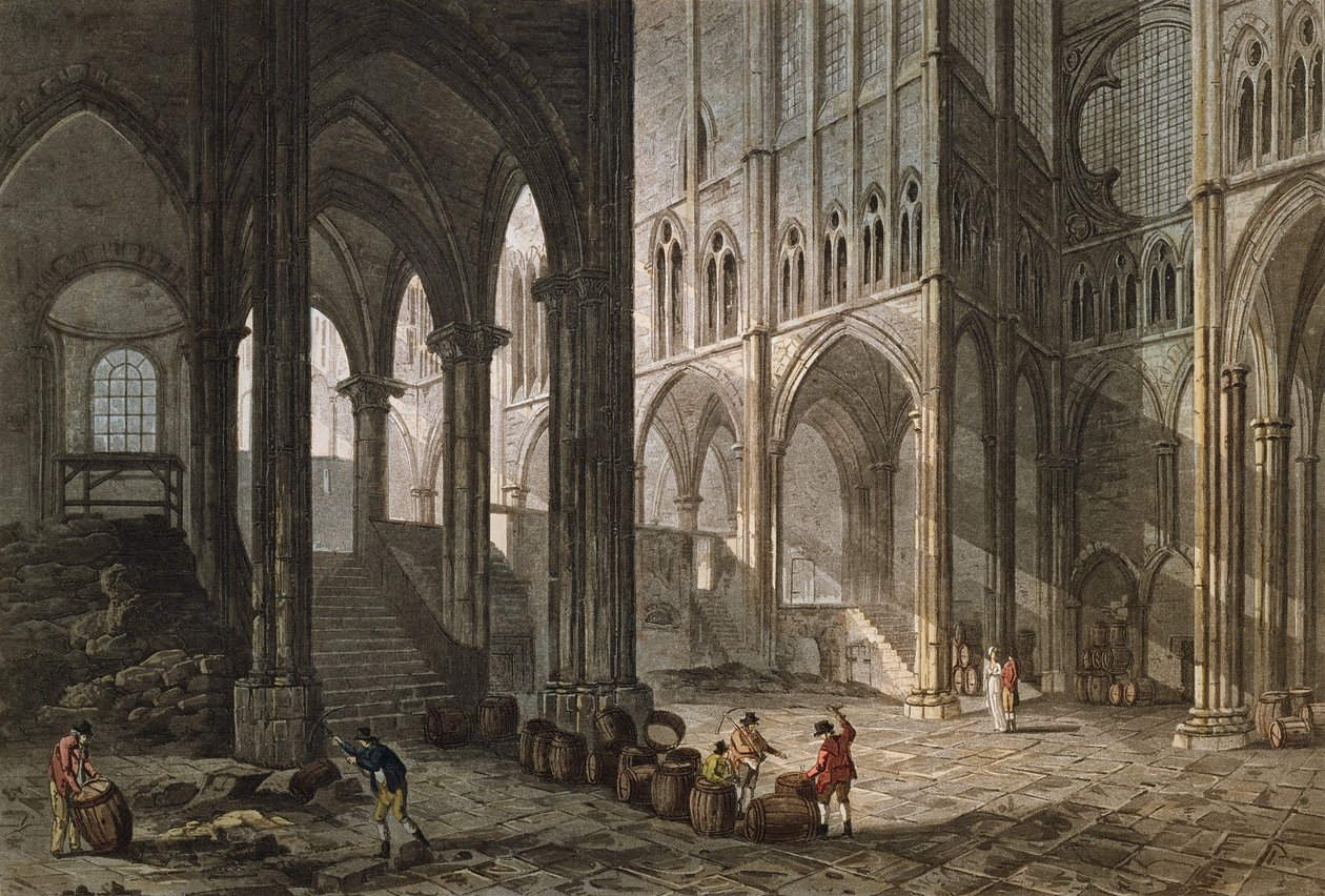 Comerciante vendendo vinho dentro da basílica de Saint-Denis, 1809 (gravura a cores) de John Claude Nattes