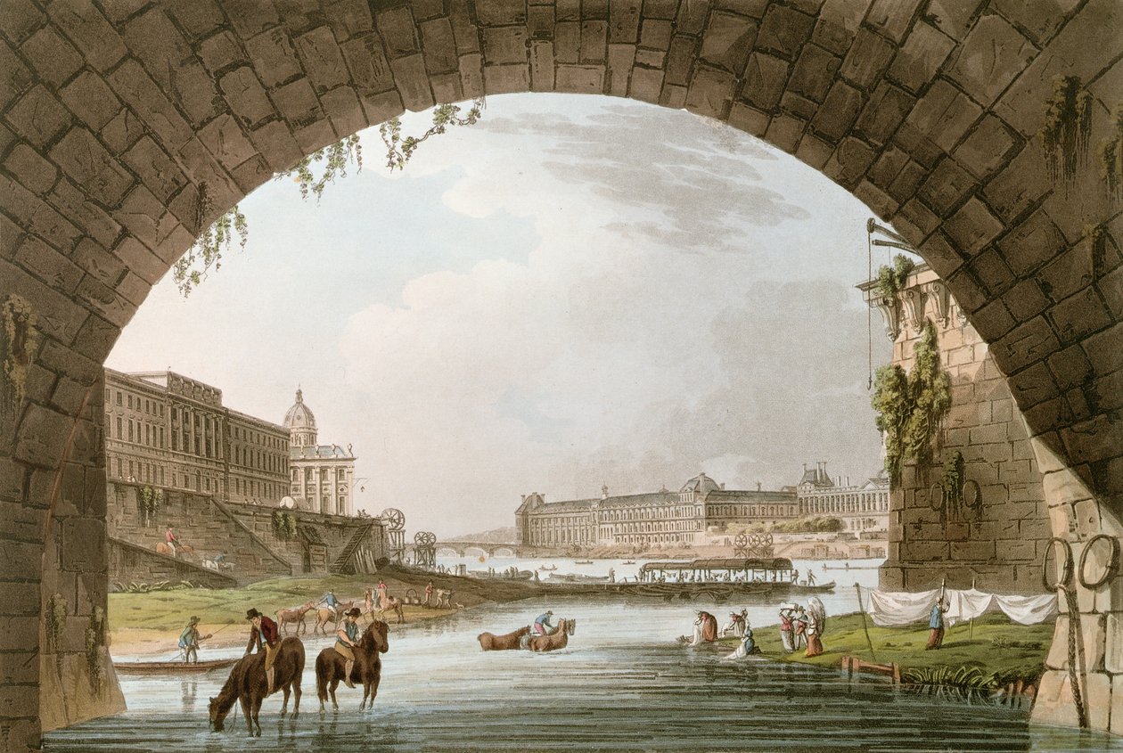 Panorama do rio Sena, visto de baixo da Pont Neuf olhando para o oeste em direção ao Louvre, La Monnaie e do Colégio de Quatre Nações, ilustração para &39;Versailles, Paris et Saint-Denis&39; pelo ou de John Claude Nattes