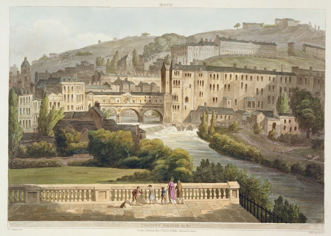 Ponte de Pulteney, de "banho Ilustrado por uma série de vistas", gravado pelo bar de John Hill (1770-1850). por William Miller, 1805 (aquatinta) de John Claude Nattes