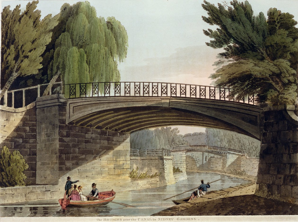 As pontes sobre o canal em jardins de Sydney, de "banho ilustrado por uma série de vistas", gravadas pelo bar de John Hill (1770-1850). por William Miller, 1805 (aquatinta) de John Claude Nattes