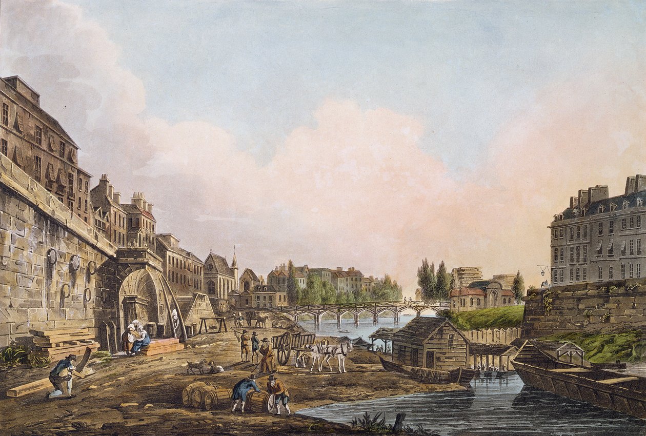 Vista do Sena debaixo de um arco de Pont Notre-Dame, 1805 (aquatint colorido) de John Claude Nattes