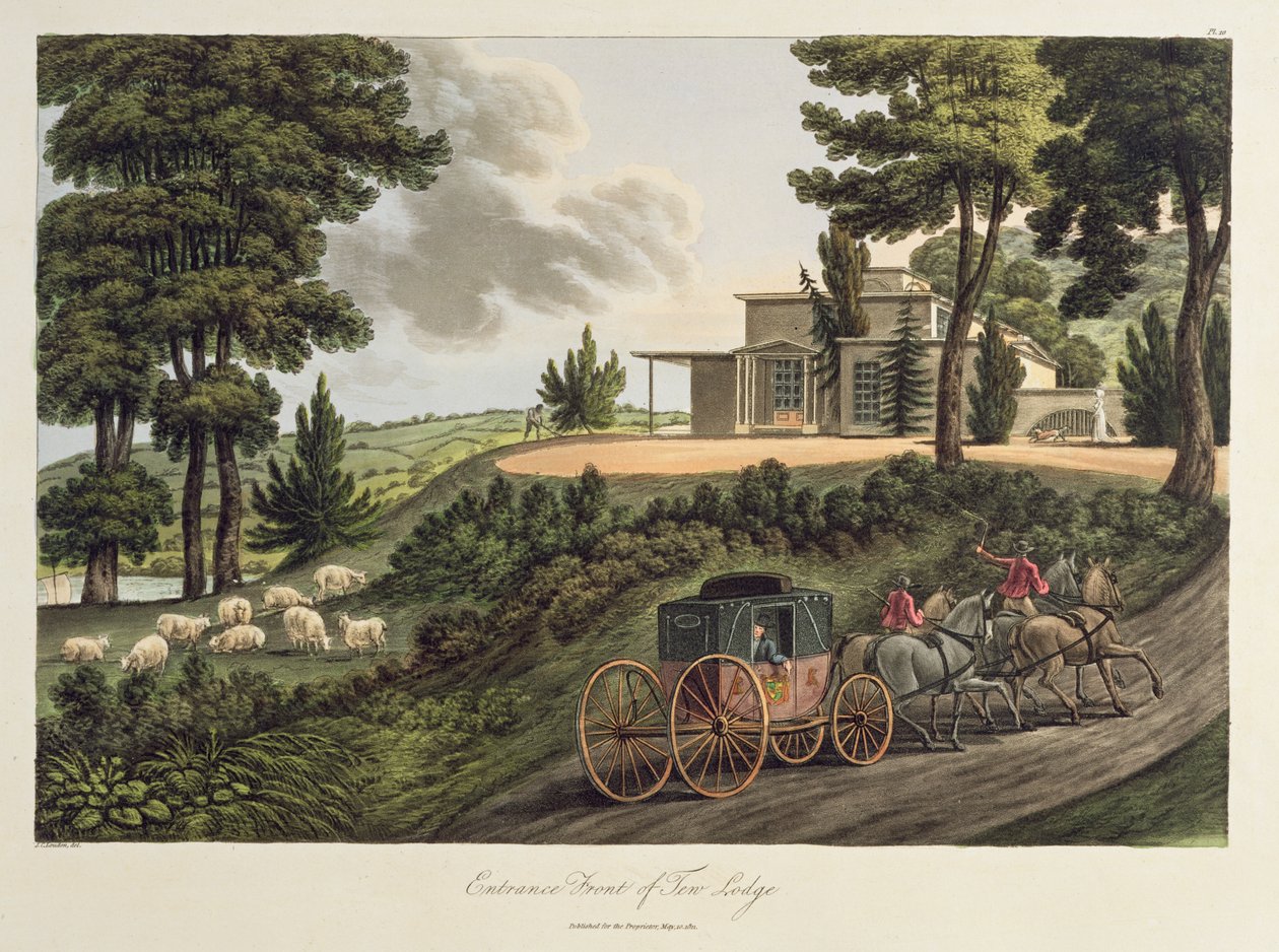 Frente de entrada para Tew Lodge, ilustração de observações sobre o estabelecimento de fazendas no estilo escocês, publicado em 1811 (aquatint) de John Claudius Loudon