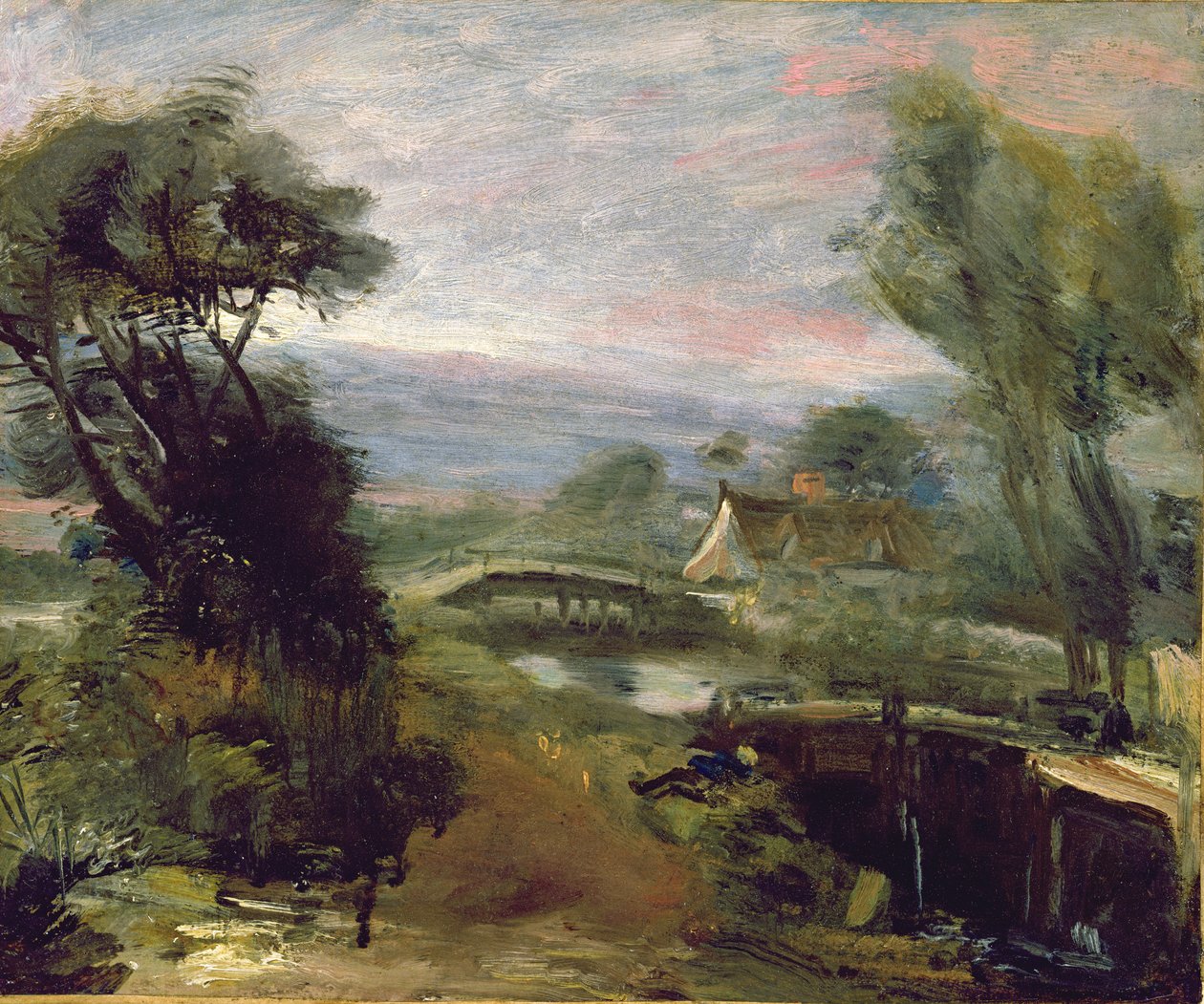 Uma vista perto de Flatford Mill (óleo sobre papel colocado na tela) de John Constable