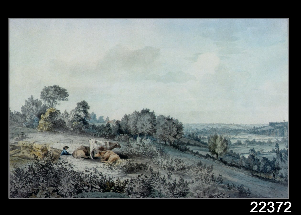O Vale do Stour, olhando para East Bergholt, 1880 (lápis, caneta e tinta e aquarela sobre papel) de John Constable