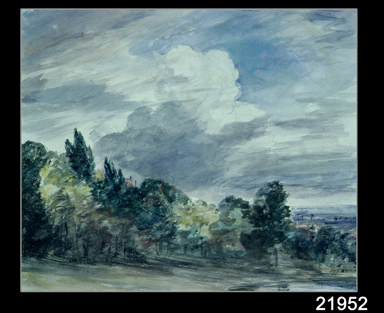 Vista sobre uma paisagem ampla, com árvores em primeiro plano, em setembro de 1832 (aguarela sobre papel) de John Constable