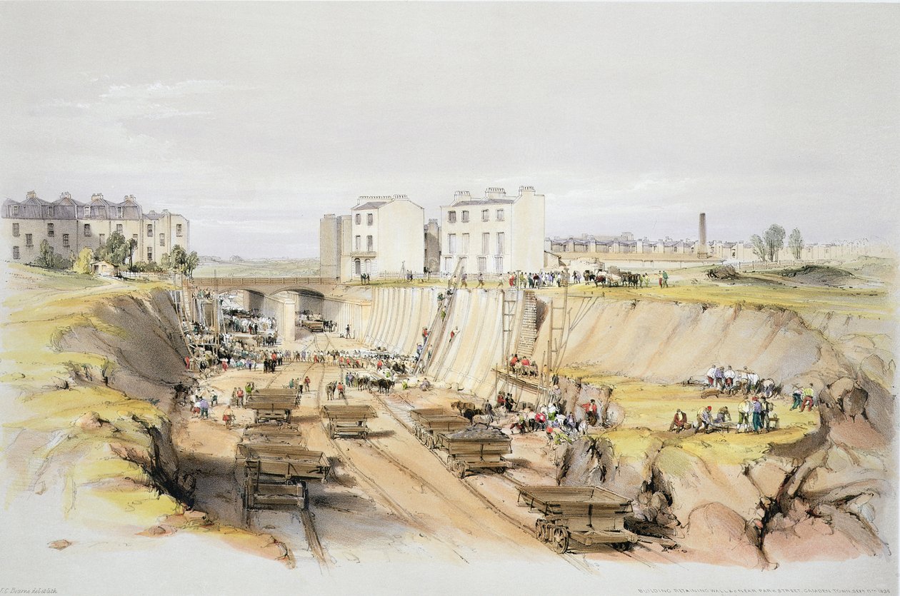 Construindo o muro de contenção perto de Park Street, Camden Town, 17 de setembro de 1836, gravado pelo artista, 1838 de John Cooke Bourne