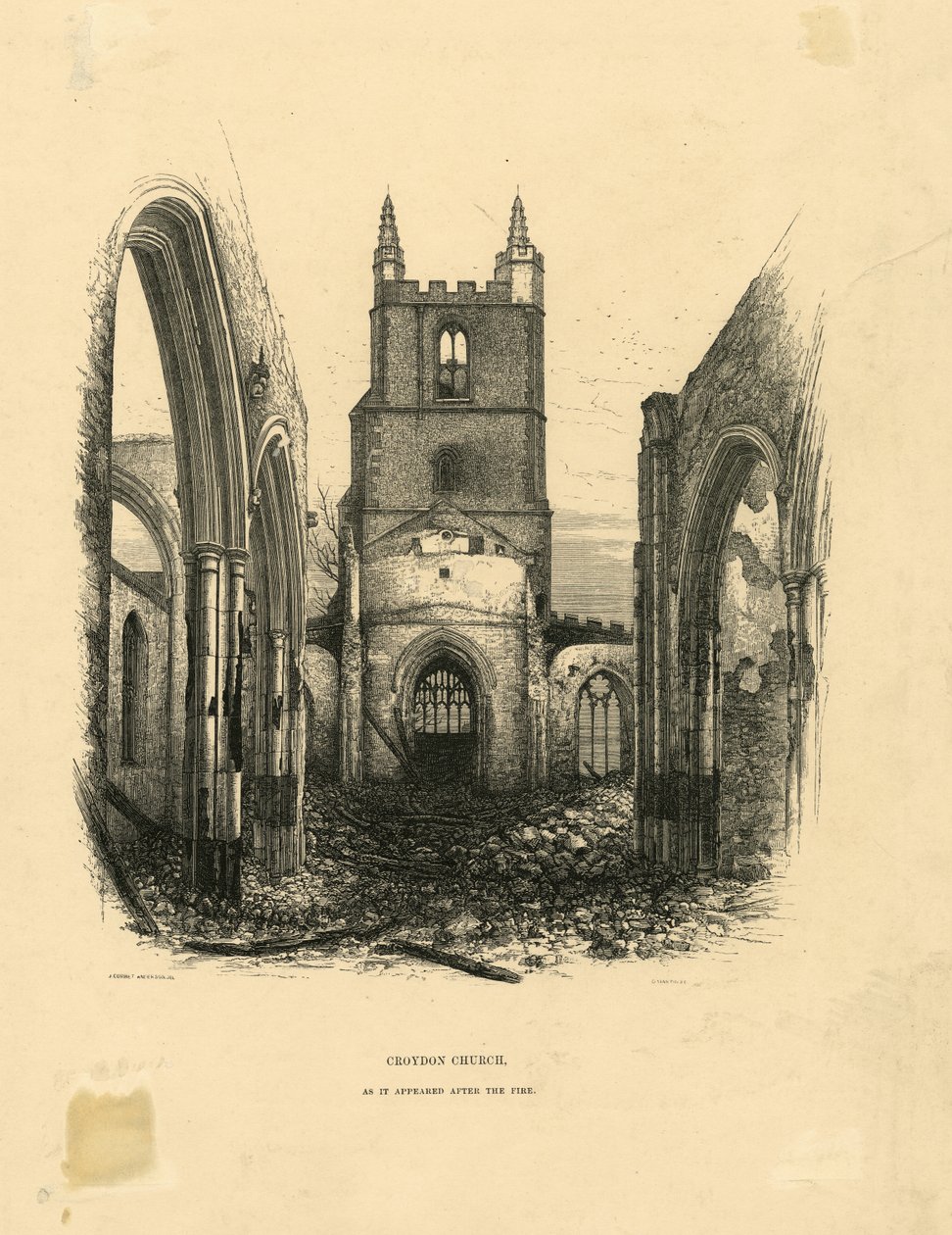 Croydon Church, como apareceu depois do fogo xilogravura de John Corbet Anderson