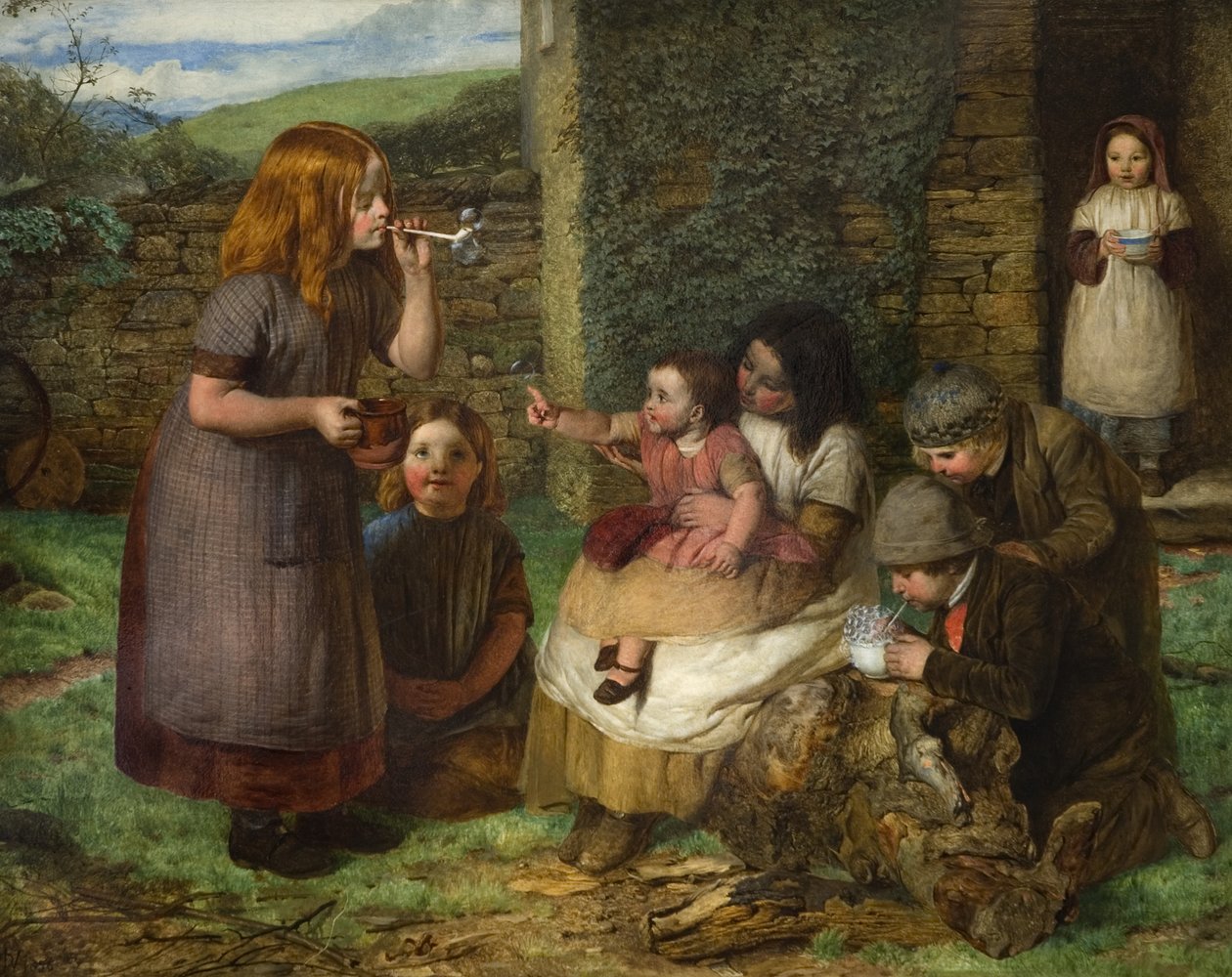 Bolhas: Cena Cottage com as crianças no jogo, 1856 de John Dawson Watson