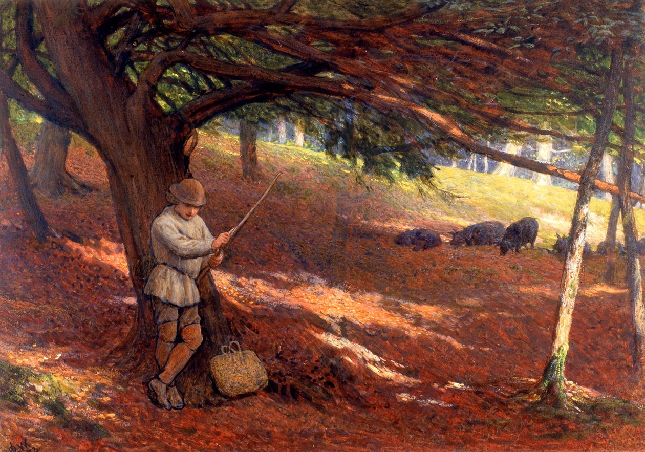O Swineherd (bodycolour no papel (colado a bordo)) de John Dawson Watson