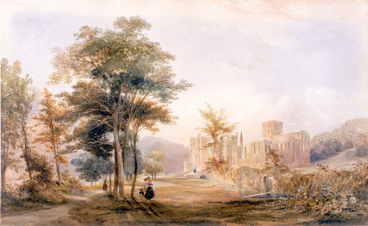 Brinkburn Grange, Northumberland e Ruins of Priory (bc, tinta, lápis e wc no papel, coladas no cartão) de John Dobson