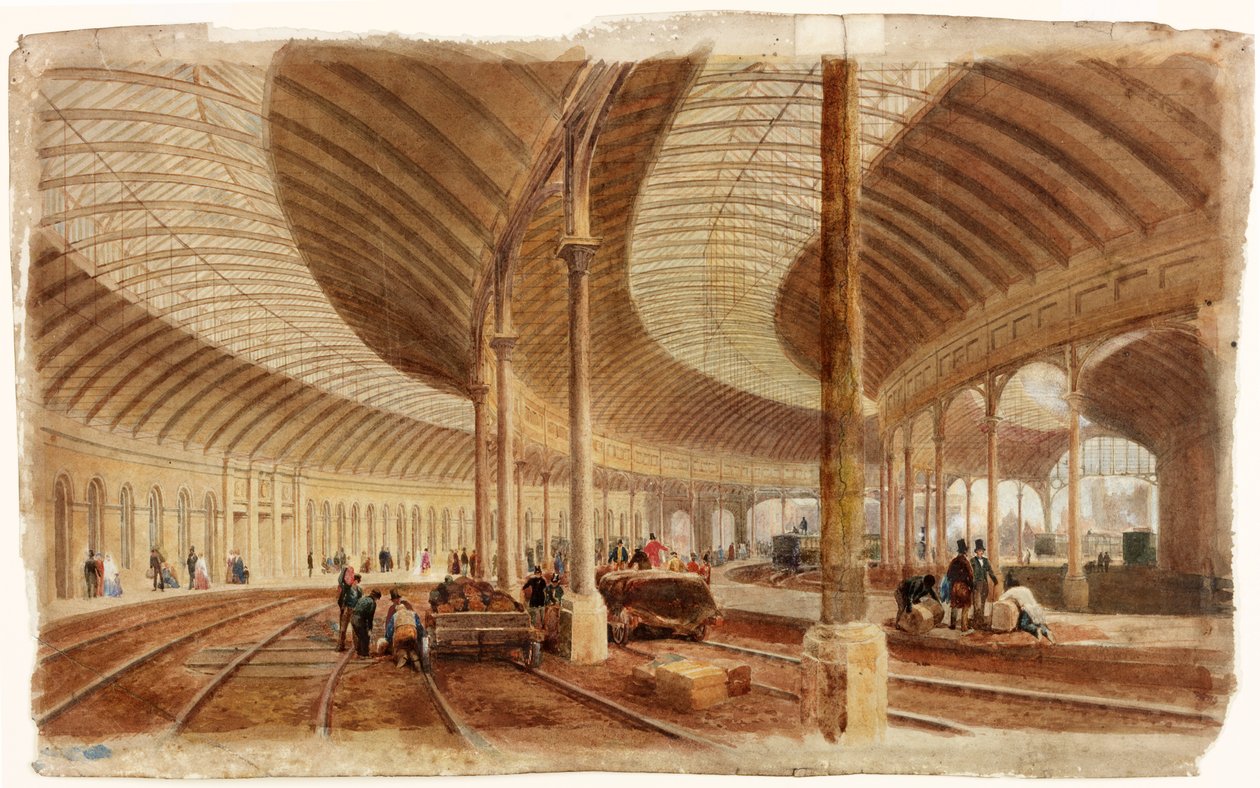 Interior da Estação Central, Newcastle upon Tyne (bc, lápis e wc no papel) de John Dobson