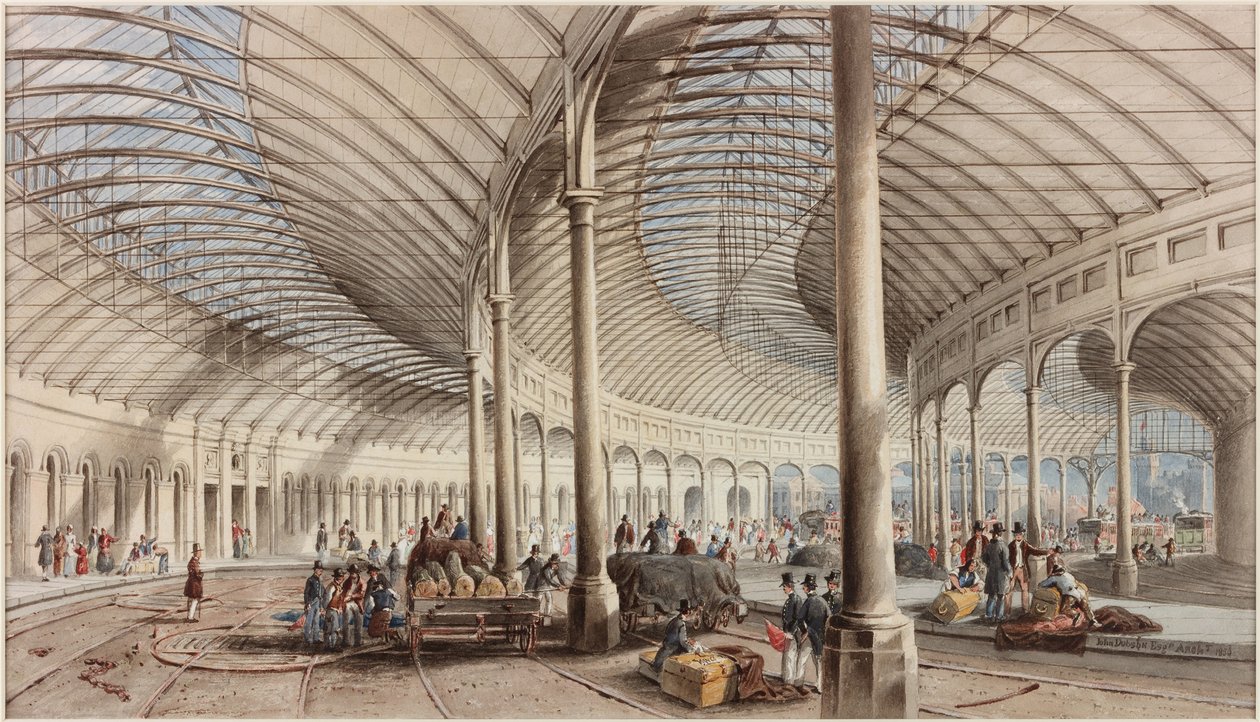 Interior da Estação Central, Newcastle upon Tyne (bc, lápis e wc no papel) de John Dobson