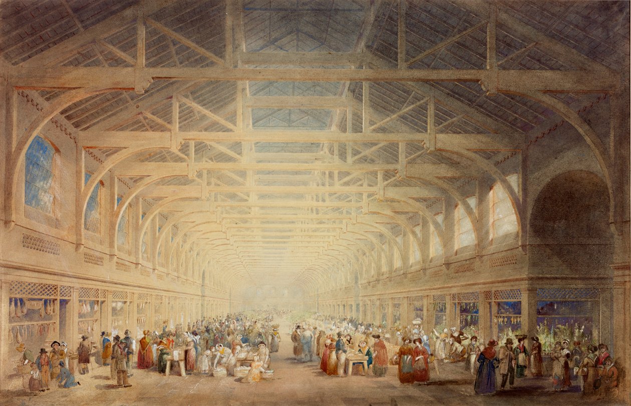 O Mercado Verde, Newcastle upon Tyne (bc, giz, tinta, lápis e wc no papel) de John Dobson