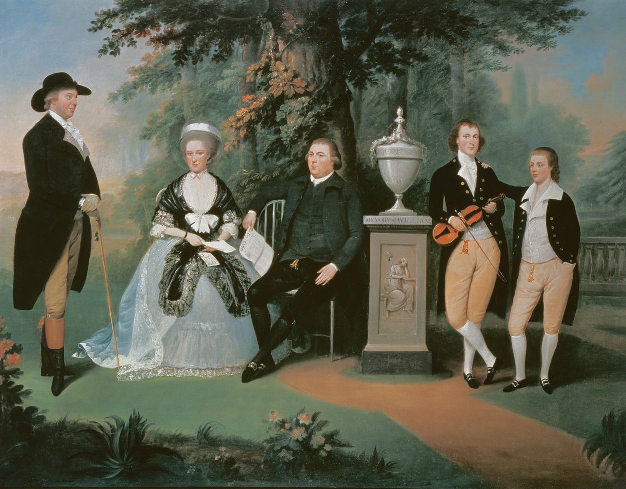 Membros da família Wilson agrupados em volta de um memorial de William Pitt, o Jovem de John Downman