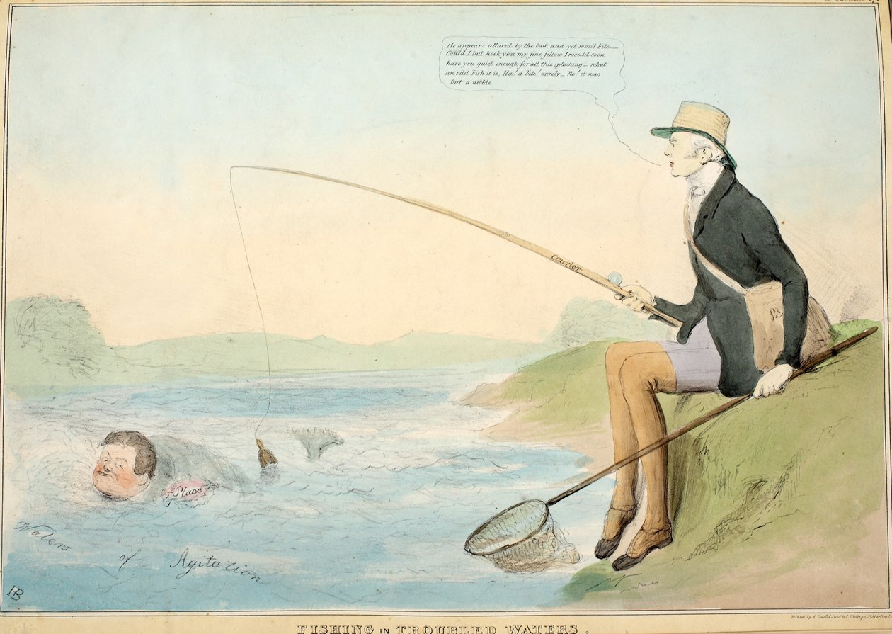 Pesca em águas turbulentas, pub. 1832 (gravura colorida à mão) de John Doyle