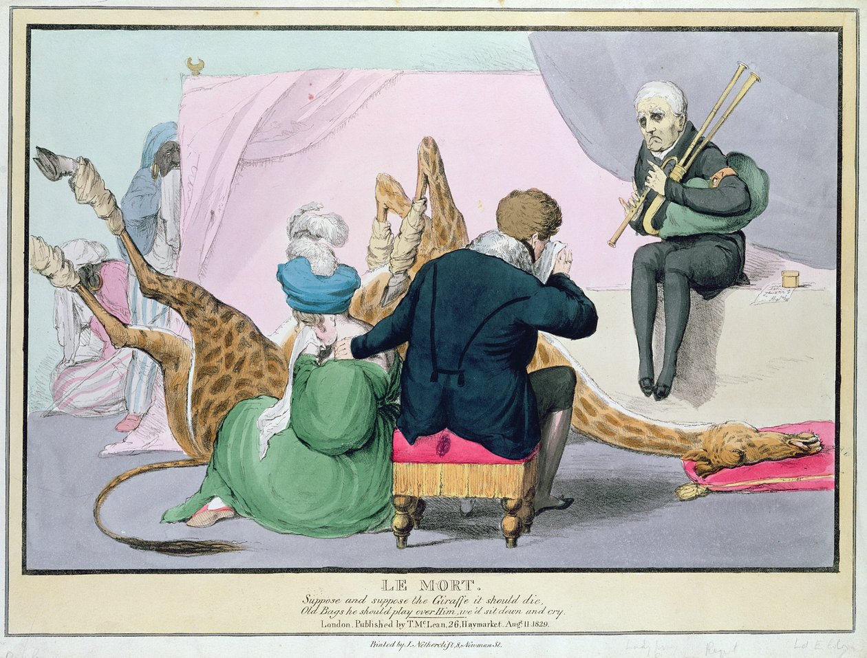 &39;Le Mort&39;, George IV (1762-1830), caricatura do Rei lamentando a morte da girafa no Zoológico de Londres, impresso por J. Netherclift, e pub. por McLean, 1829, Londres, (gravura colorida à mão) de John Doyle