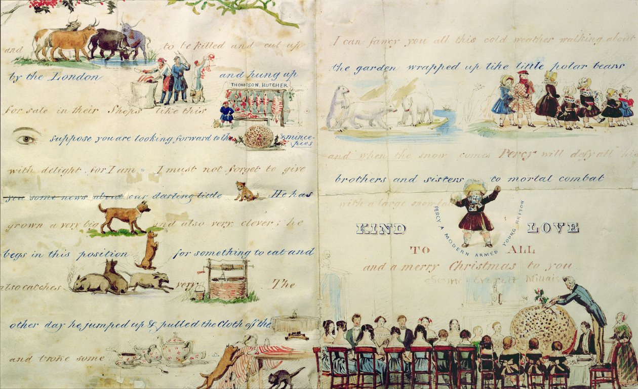 Uma carta de Natal escrita com pictogramas (caneta e tinta e papel no papel) (ver 199384 para o início da carta) de John Everett Millais
