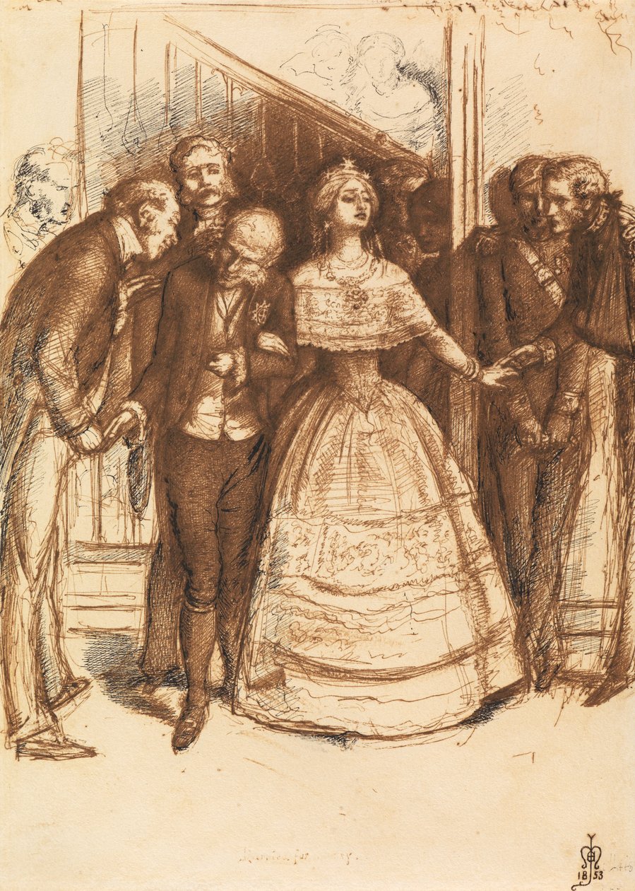 Casado por Rank, 1853 (lápis, caneta e tinta no papel) de John Everett Millais