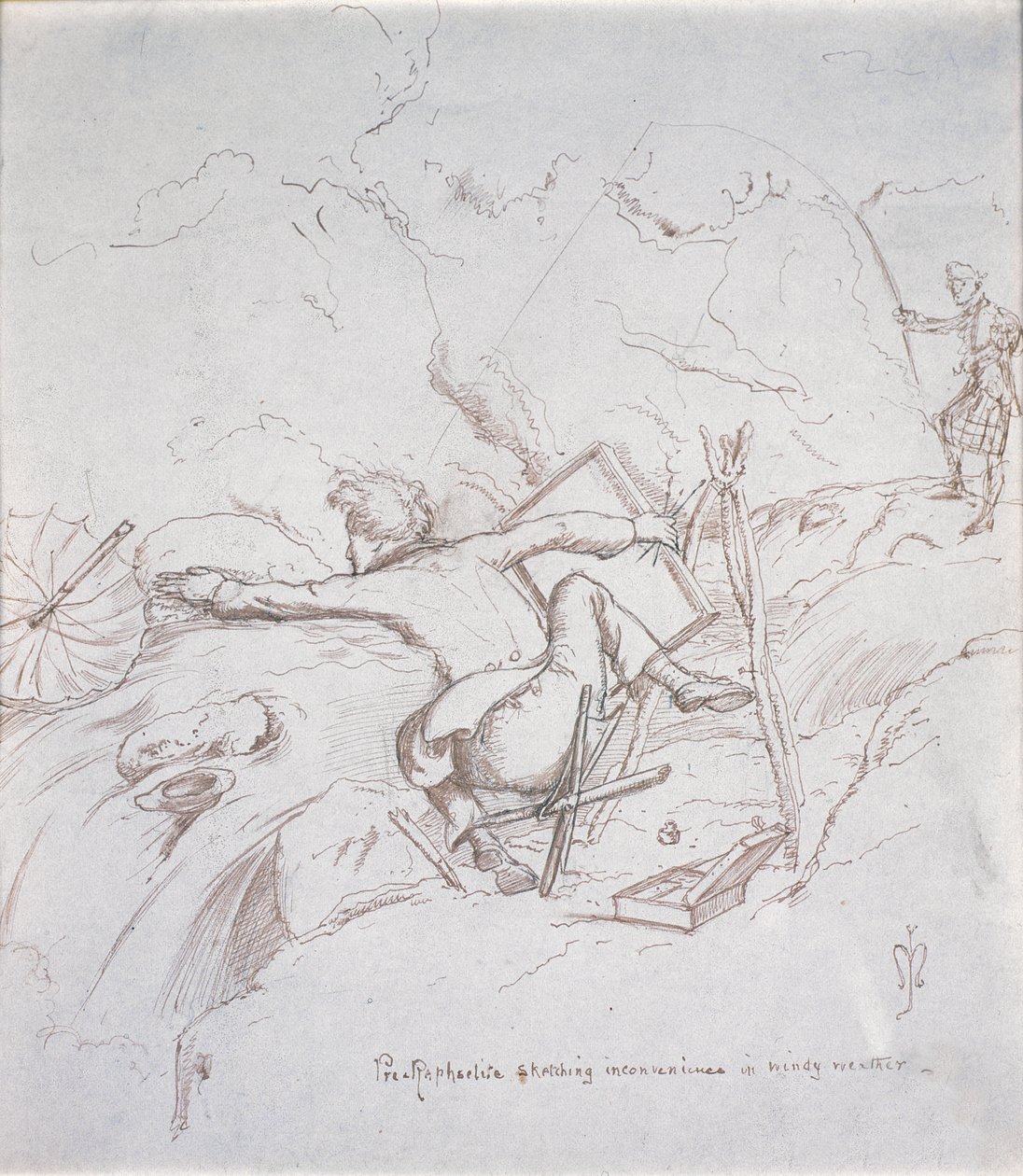 Pré-rafaelita esboçando inconveniência em tempo ventoso de John Everett Millais