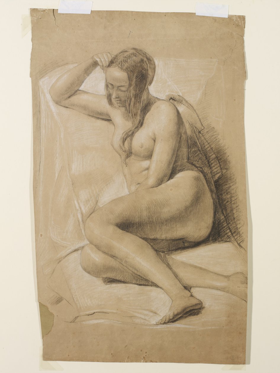 Nude fêmea sentada, 1847 (preto e giz branco sobre papel pardo) de John Everett Millais