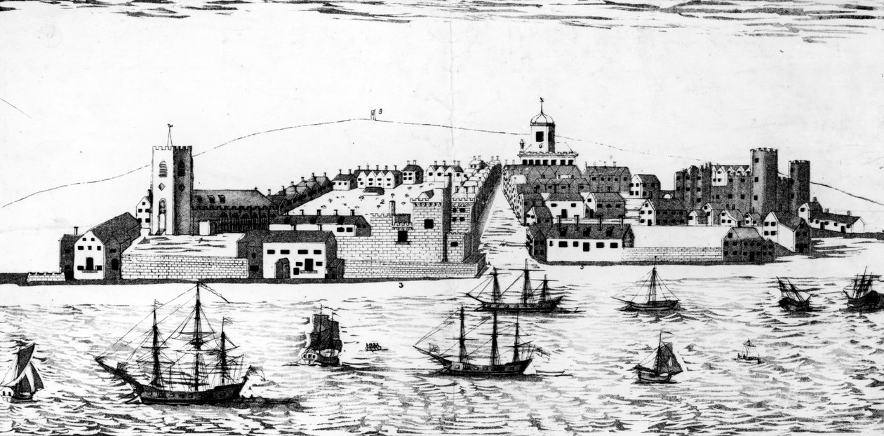A perspectiva ocidental da cidade de Liverpool, como apareceu sobre o ano 1680, litografia por John R. Isaac de John Eyes Jnr