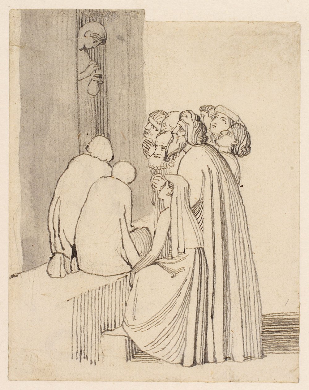 Uma família de mendigos em volta de uma porta (lápis, caneta, tinta e papel) de John Flaxman