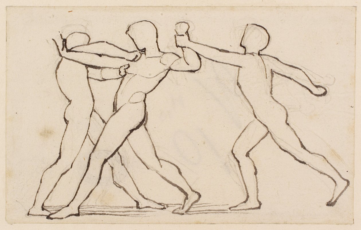 Um grupo de três figuras de luta livre (lápis, caneta e tinta no papel) de John Flaxman