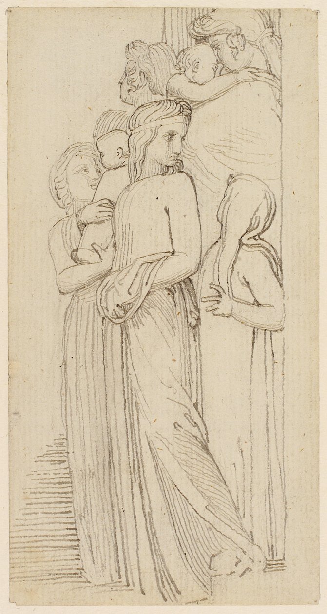 Um grupo de mulheres e crianças em uma porta (lápis, caneta e tinta no papel) de John Flaxman
