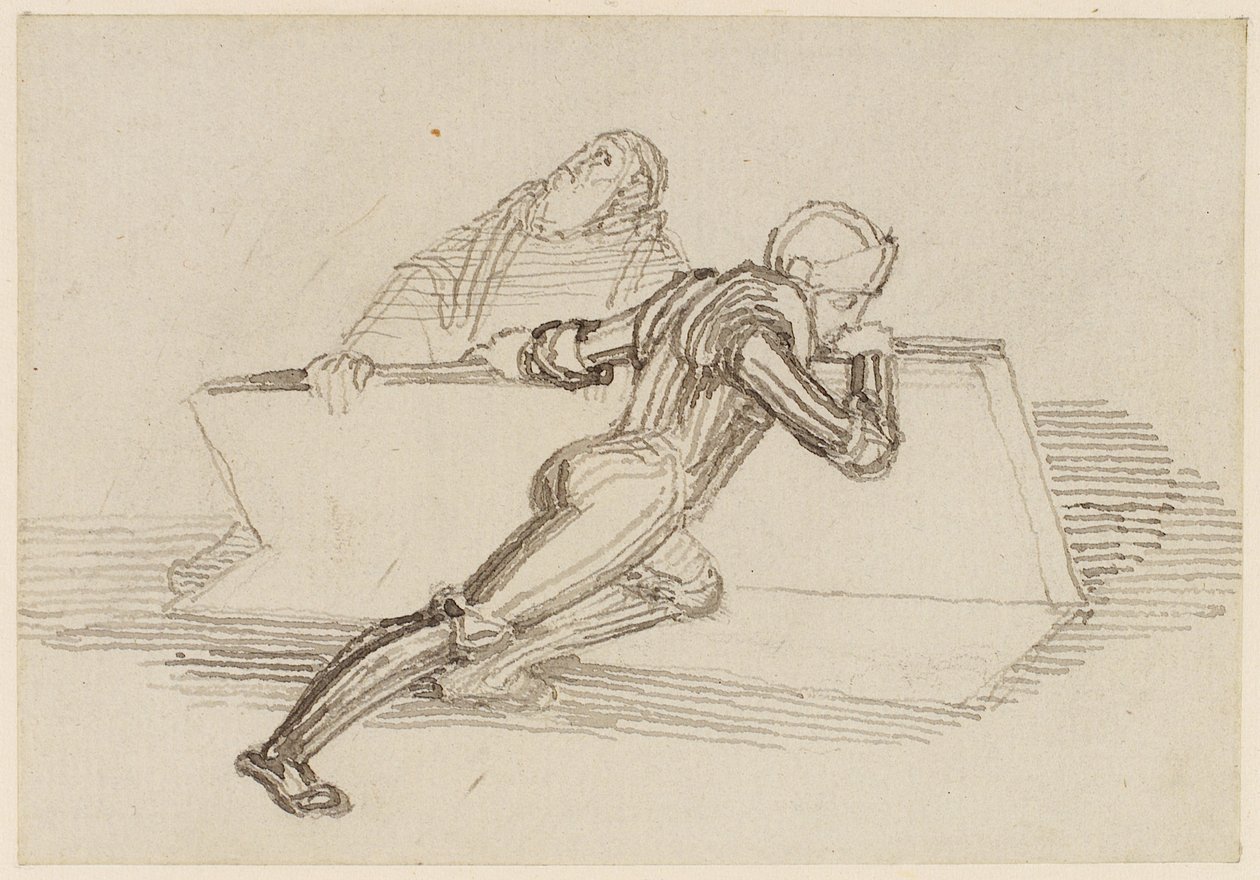 Um cavaleiro levantando uma laje (lápis, caneta, tinta e lavagem) de John Flaxman