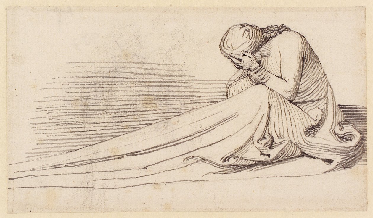 Uma figura feminina sentada em longo Drapery, Mourning (lápis, caneta, tinta e lavagem no papel) de John Flaxman