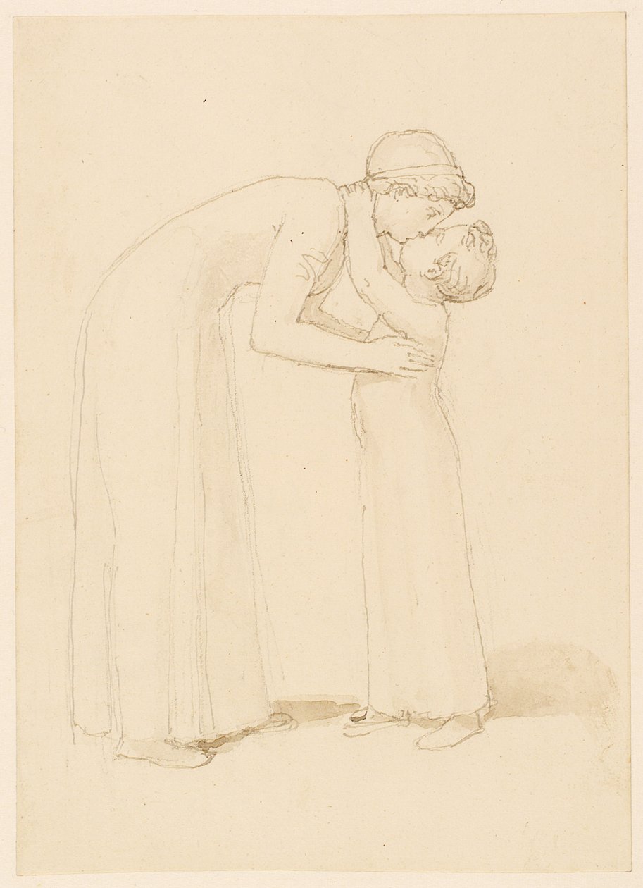 Uma mulher se curva para beijar uma criança (lápis, caneta, tinta e papel) de John Flaxman