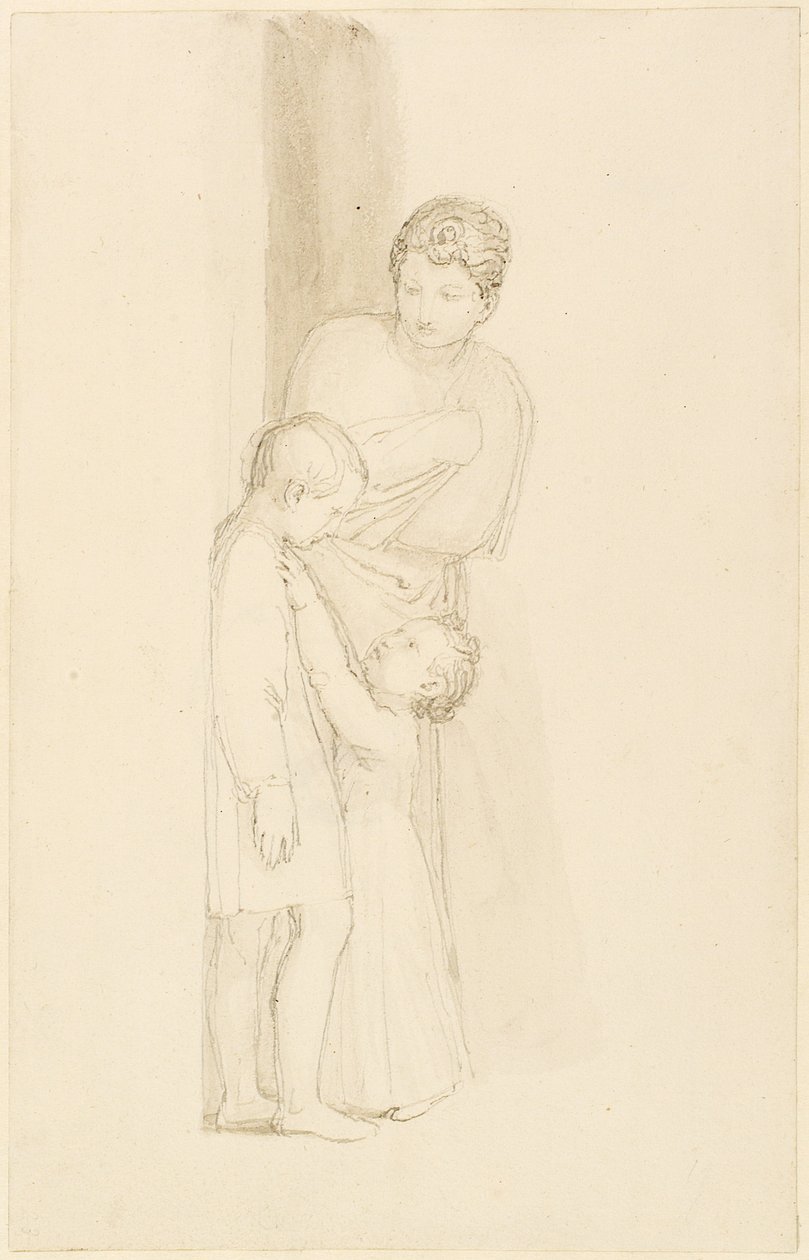 Um, posição mulher, atrás de, um, criança pequena, (pencil, pen, ink und, wash on paper) de John Flaxman