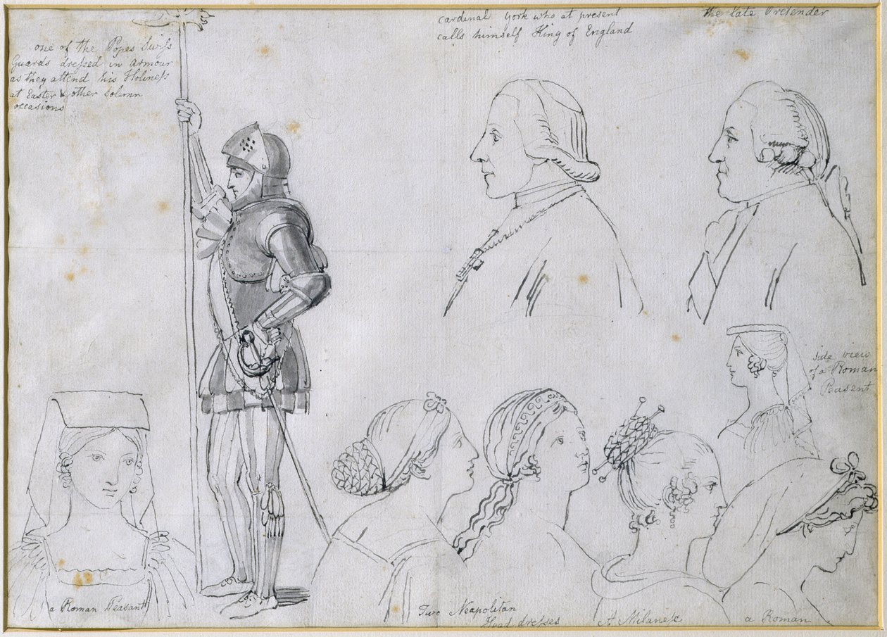 Esboços de personagens em Roma com retratos do príncipe Charles Edward Stuart (1720-88) e seu irmão Cardeal York (1725-1807) (caneta e tinta no papel) de John Flaxman