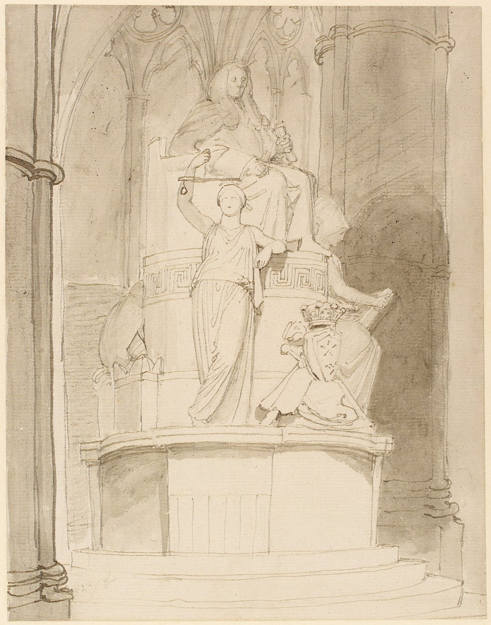 Projeto para o Monumento do Lord Mansfield, Abadia de Westminster (lápis, caneta, tinta e papel) (ver também 273967 e 273968) de John Flaxman