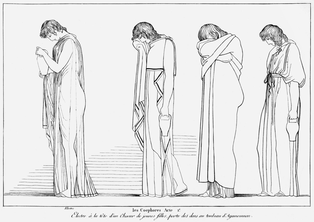 Electra e o Coro carregando vasos para a libação no túmulo de Agamenon, ilustração de &39;As Choephori&39; por Ésquilo (c.525-c.456 aC) c.1830-40 de John Flaxman