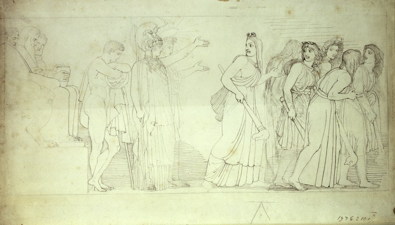 As Fúrias Partindo de Atena, Apolo e Orestes, século XVIII de John Flaxman