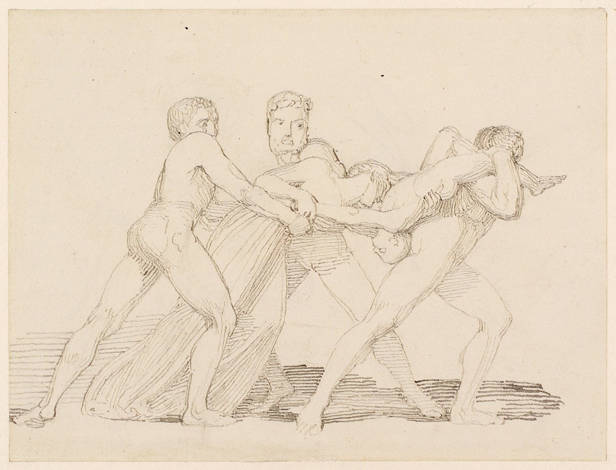 Três homens tentando arrancar um filho de uma mulher (lápis, caneta e tinta no papel) de John Flaxman