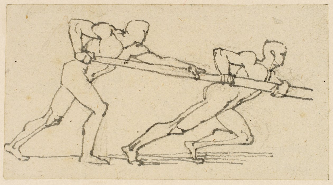 Duas figuras masculinas empurrando um pólo para a direita (lápis, caneta e tinta no papel) de John Flaxman
