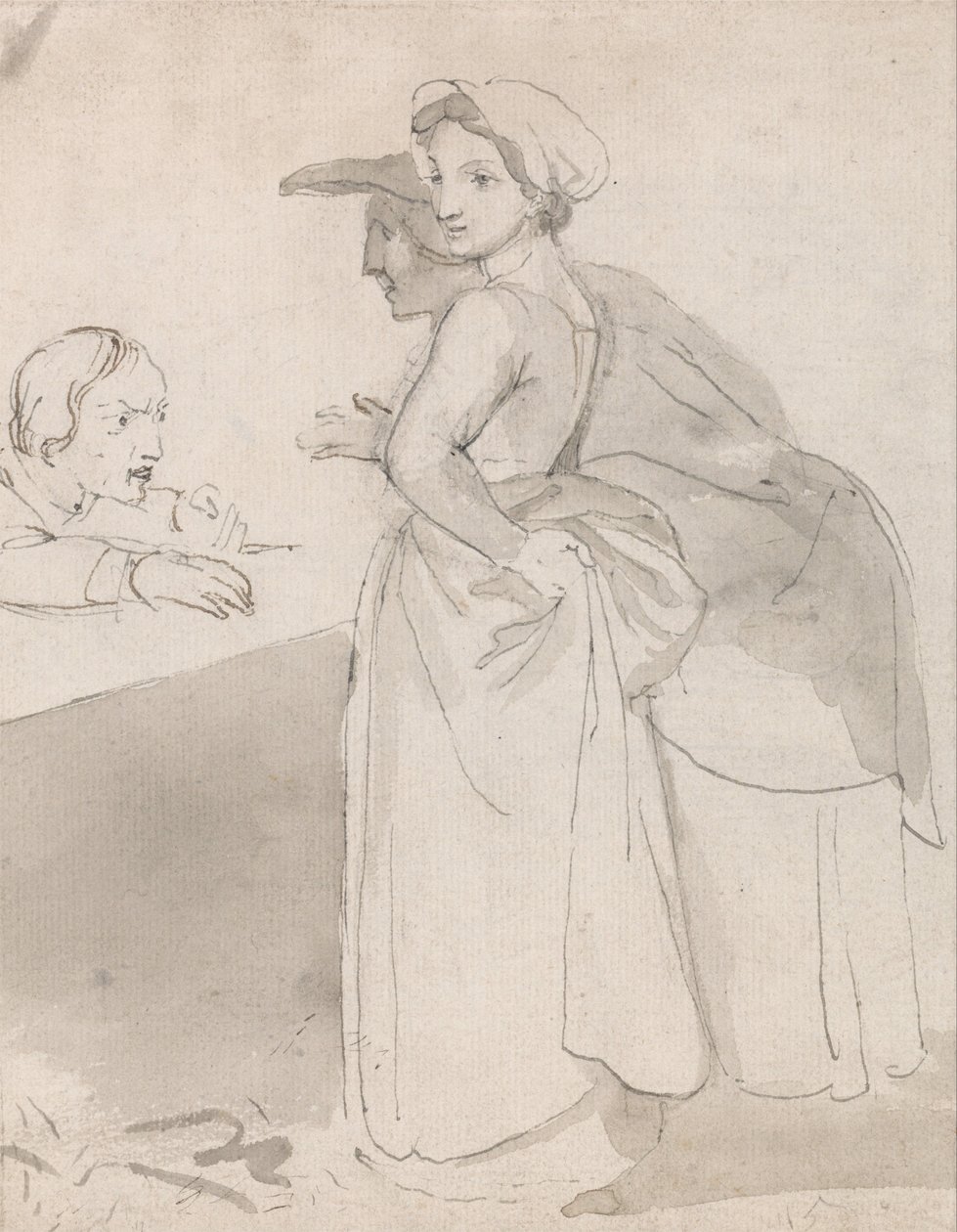Duas mulheres, falando, para, um, homem, em, um, contador de John Flaxman