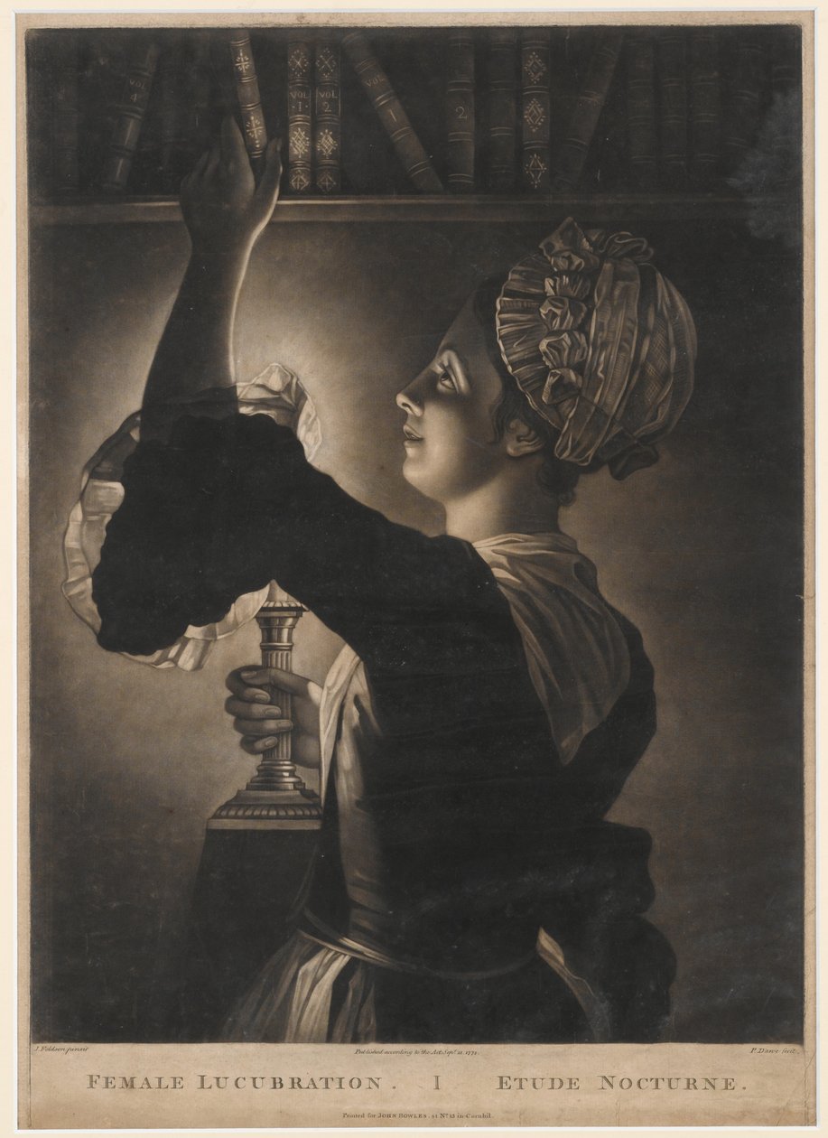 Lucubration Feminino, impressão feita por Philip Dawe, 1772 (mezzotint) de John Foldson