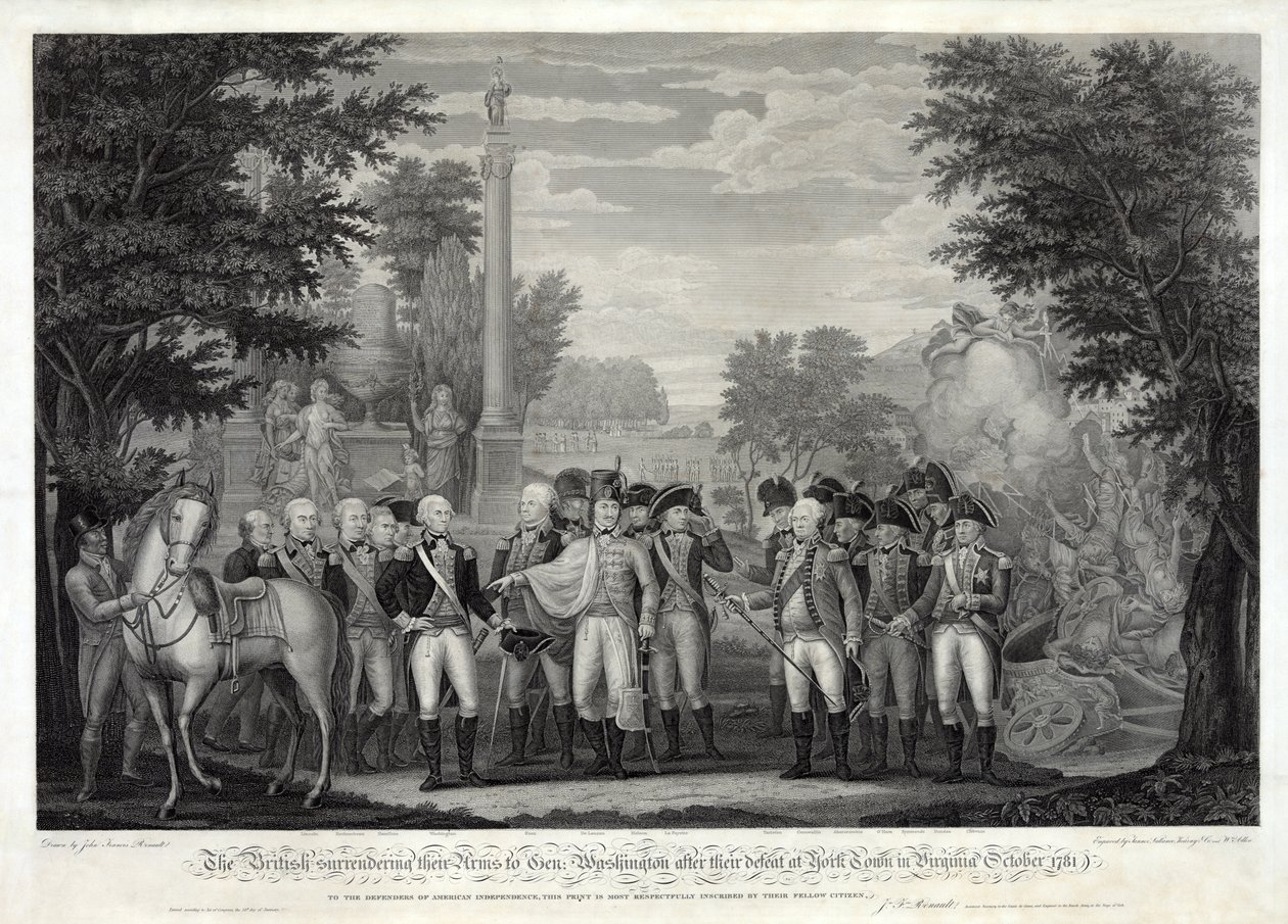 Os britânicos entregando seus braços ao General Washington após a derrota em York Town em Virginia em outubro de 1781, pub. 1819 (gravura do bw) de John Francis Renault