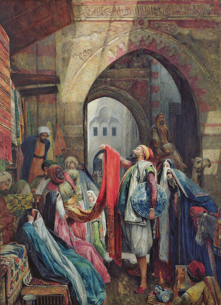 Um Bazar do Cairo - The Della&39;l, 1875 (wc aumentado com bodycolour e goma arábica no papel) de John Frederick Lewis