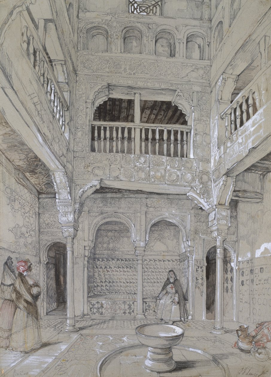 Entrada para os Banhos no Alhambra (grafite e bodycolour branco com breves toques de aguarela sobre papel cinza) de John Frederick Lewis